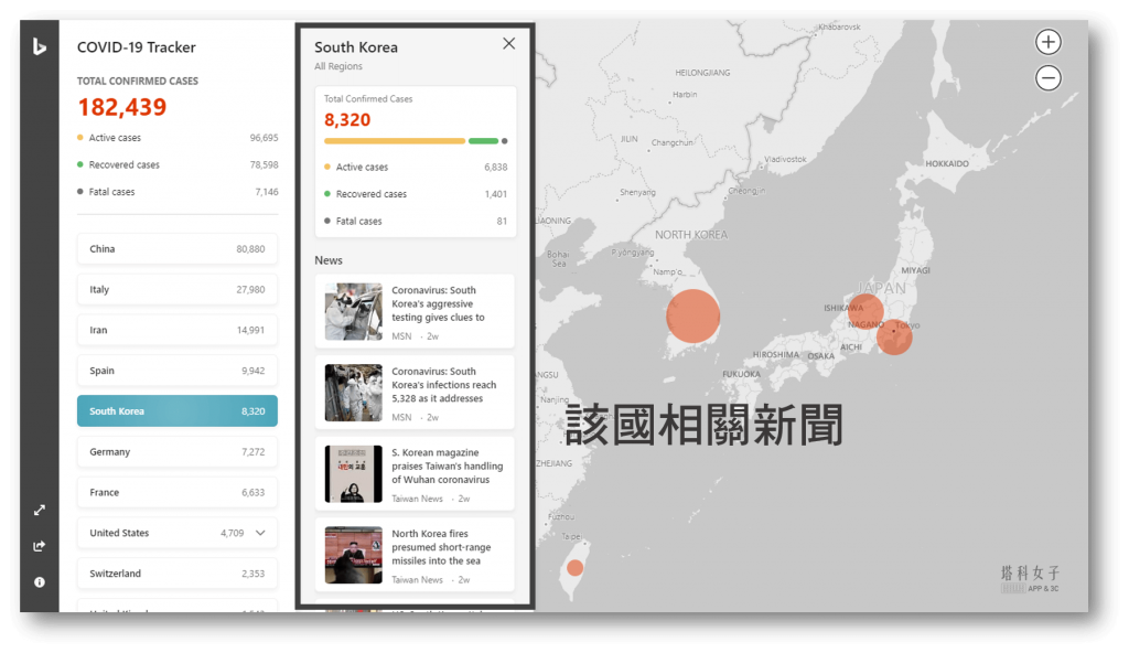 Bing 武漢肺炎全球即時資訊圖 - 各國新聞  COVID-19 Tracker