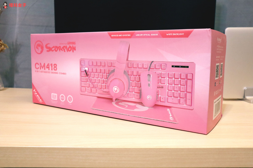 開箱｜MARVO 魔蠍 CM418 粉色鍵鼠耳機組合，粉紅色系列超可愛
