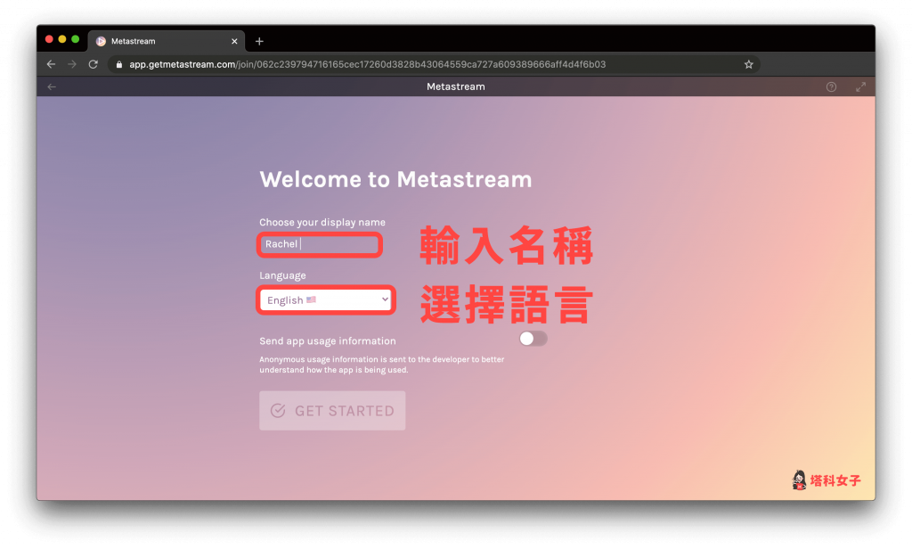 線上同步觀看影片 Metastream：輸入名稱和選擇語言