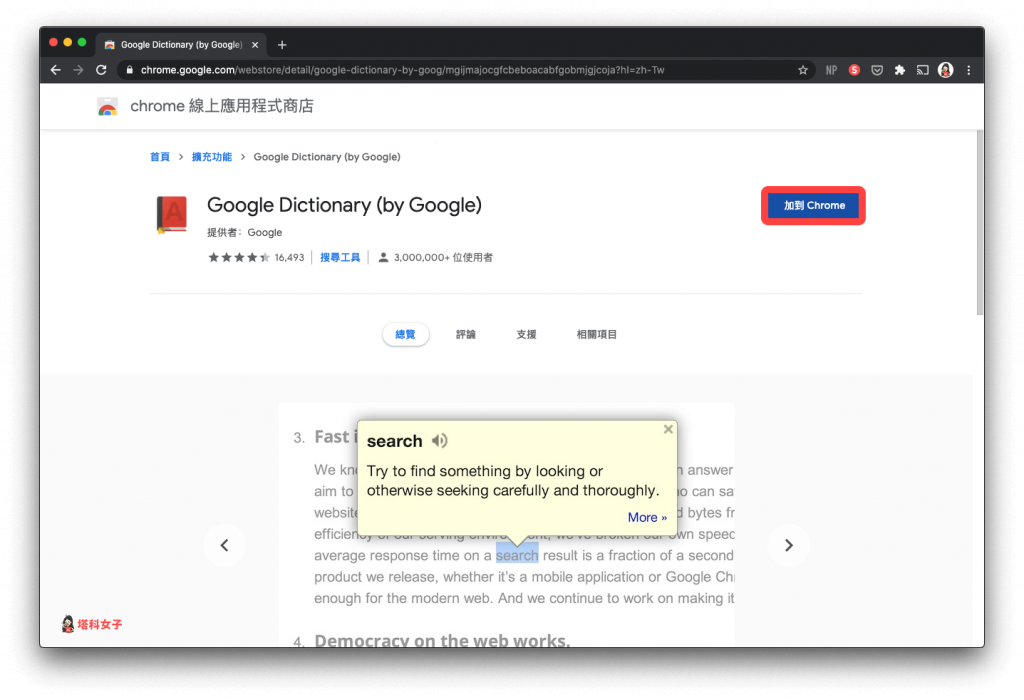 Chrome 套件：Google Dictionary