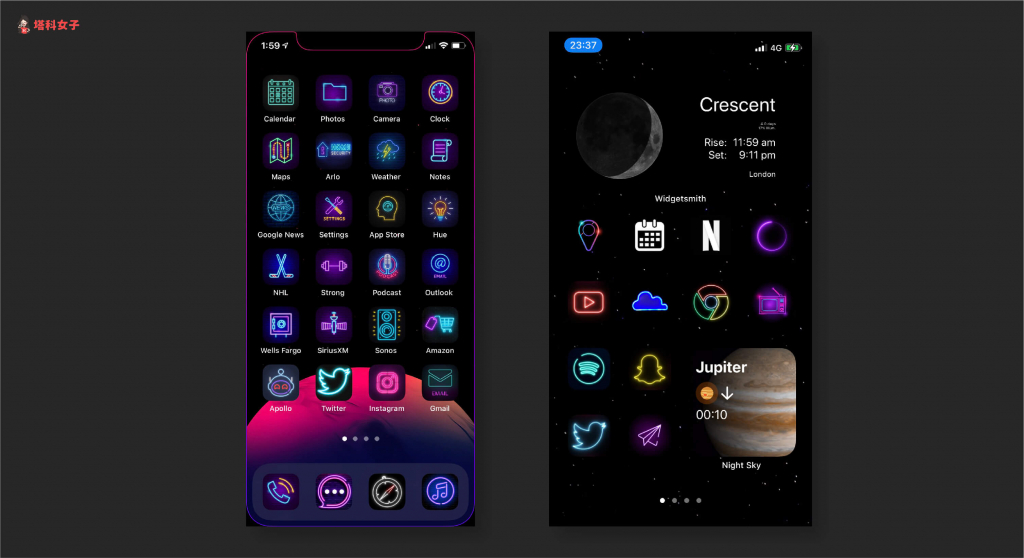 iOS 14 桌布排版，附 iPhone 桌面設計與 icon 素材｜霓虹燈風