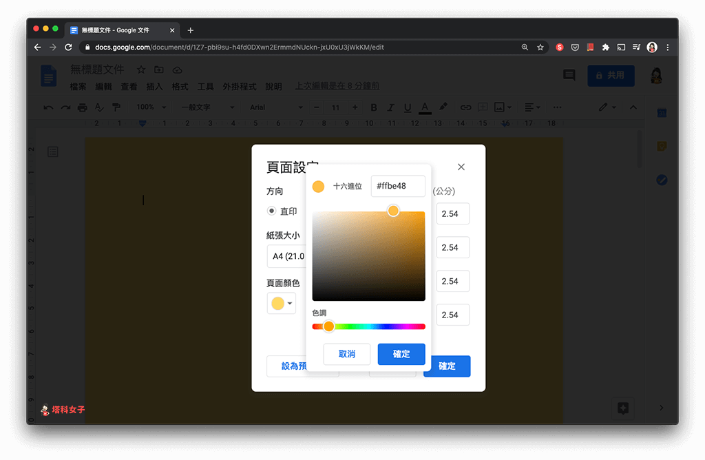 更改 Google 文件的背景顏色：自訂顏色