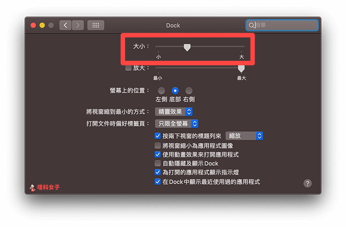 更改 Mac 底端 Dock 的應用程式圖示大小