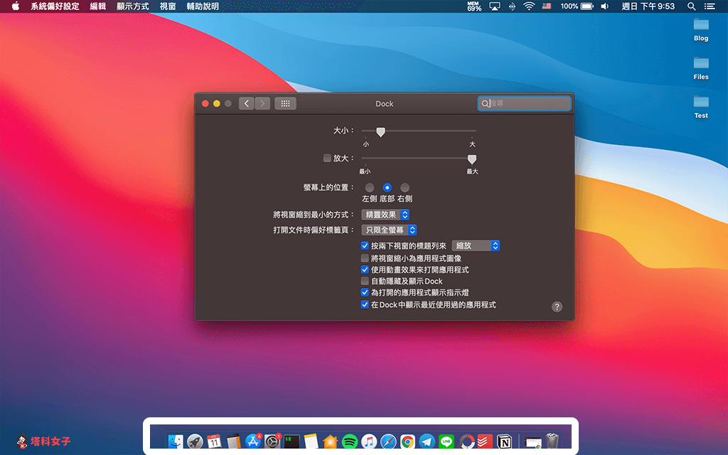 更改 Mac 底端 Dock 的應用程式圖示大小：縮小