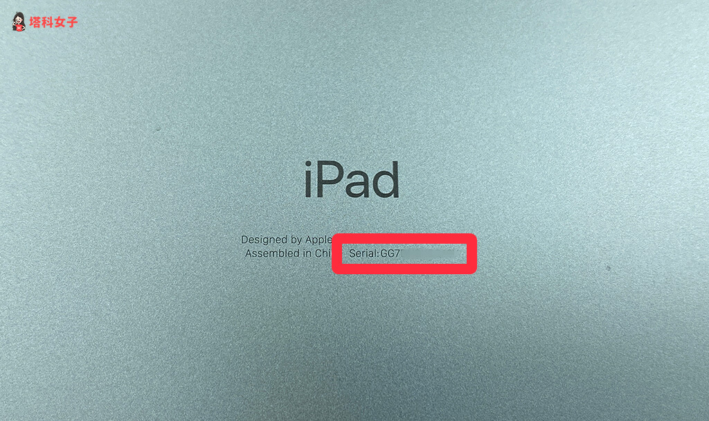 在 ipad 背面查看 iPad 序號：Serial