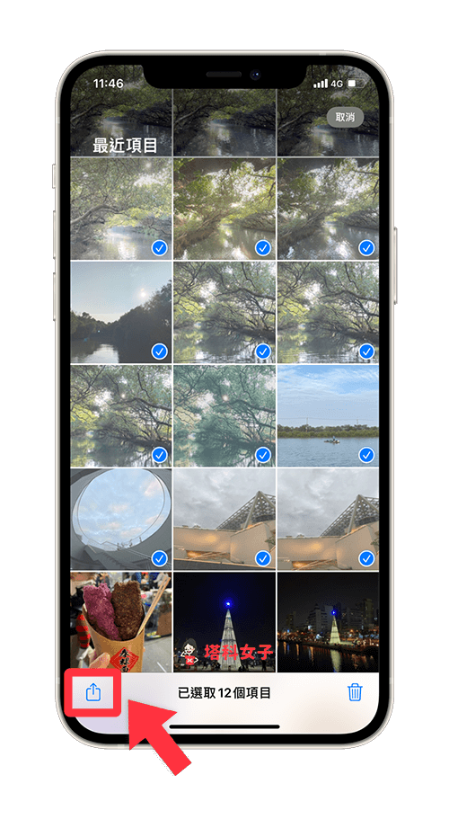 壓縮 iPhone 照片、影片成 Zip 檔：點選分享 