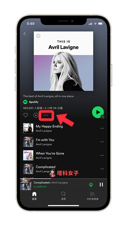 Spotify Apple Watch 離線播放：找到想下載的專輯或播放清單，點選「⋯」
