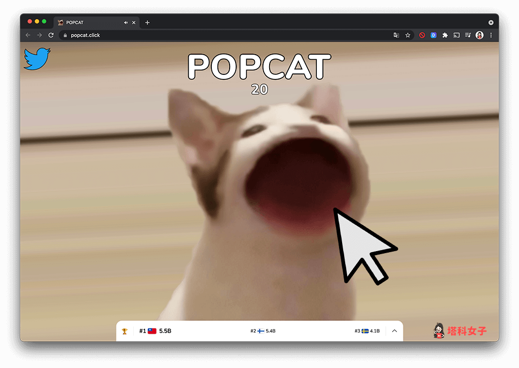 用滑鼠按一下 Popcat 網頁上的貓咪，就可以加 1 分