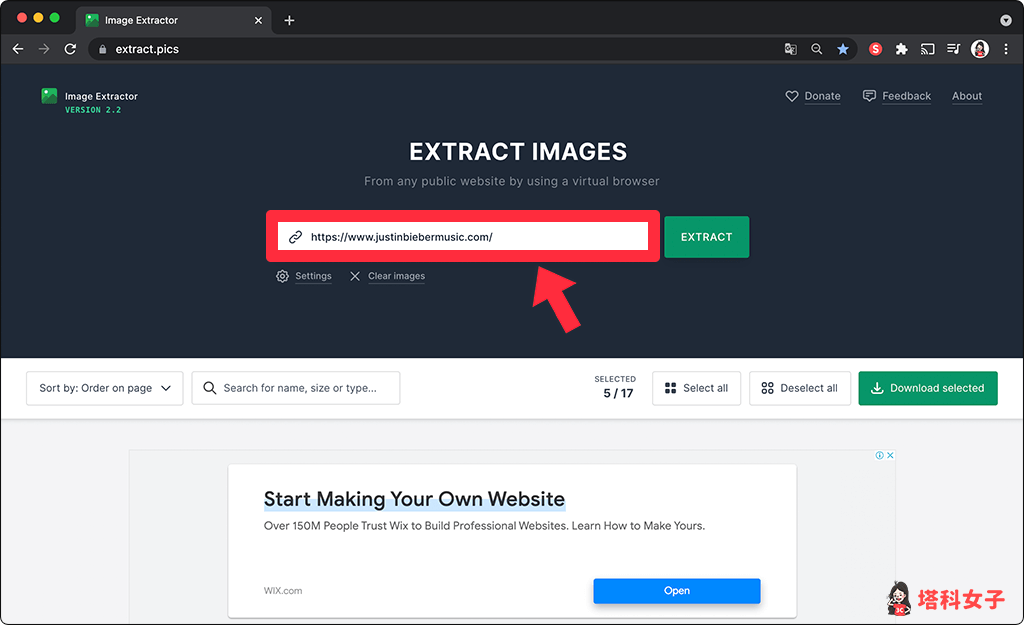 開啟 Image Extractor 網站，在中間的欄位輸入網址
