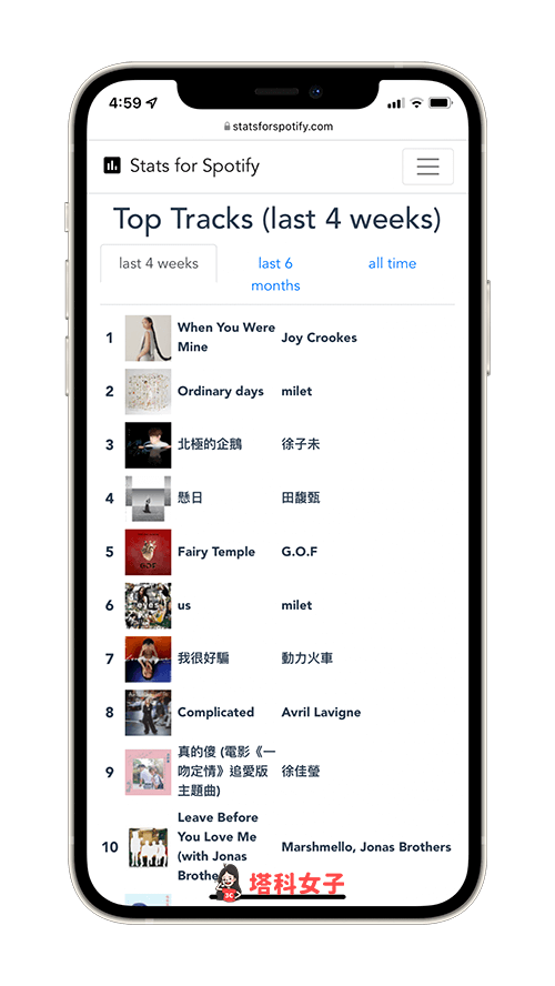 Top Tracks：最常播放的 Spotify 歌曲
