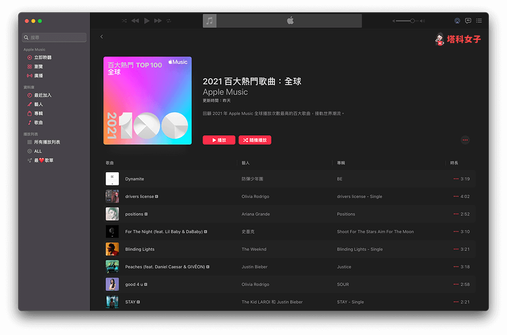 Apple Music 2021 全球百大熱門歌曲