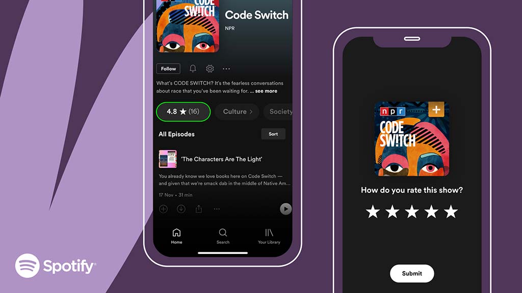 Spotify Podcast 推出「評分」功能，聽眾可為節目評價