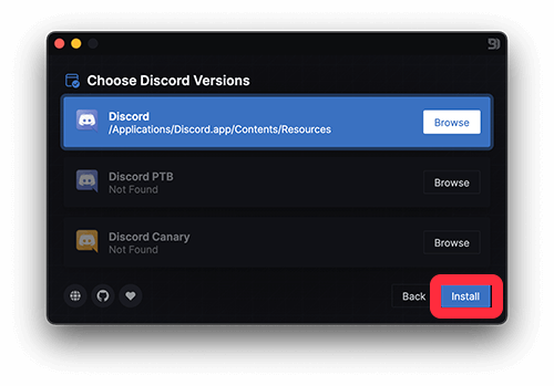 更改 Discord 背景圖片或主題：安裝 BetterDiscord > install