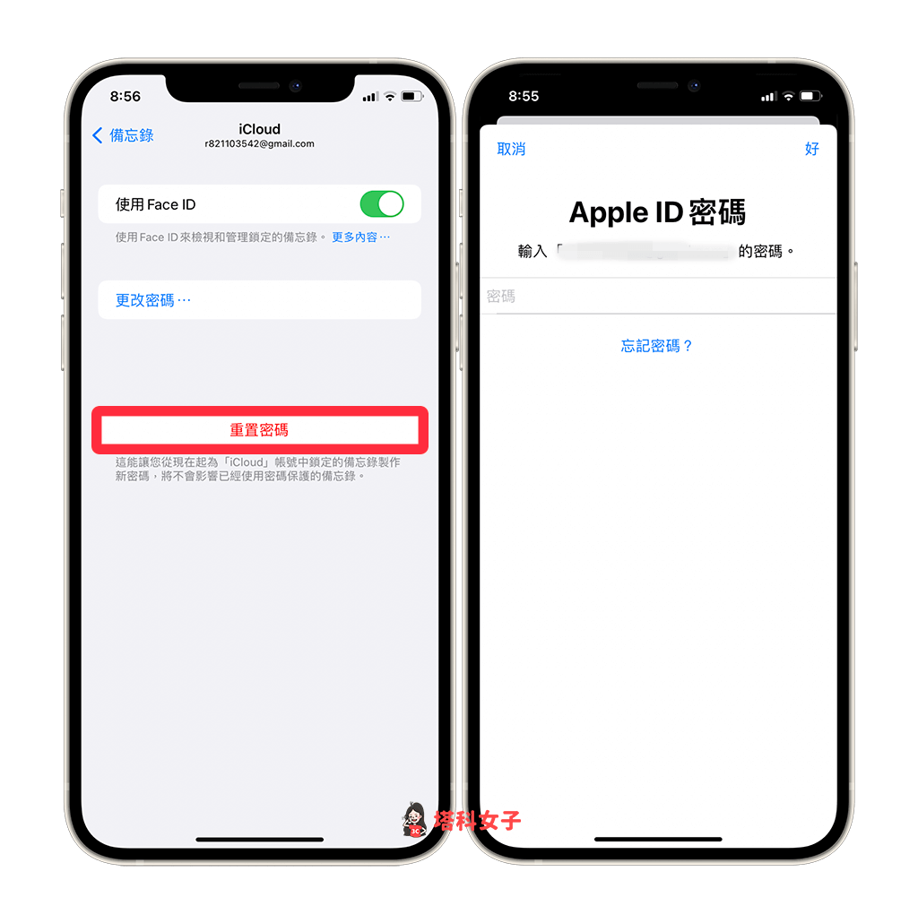 重設 iPhone 備忘錄密碼：點選「重置密碼」並輸入 Apple ID 密碼