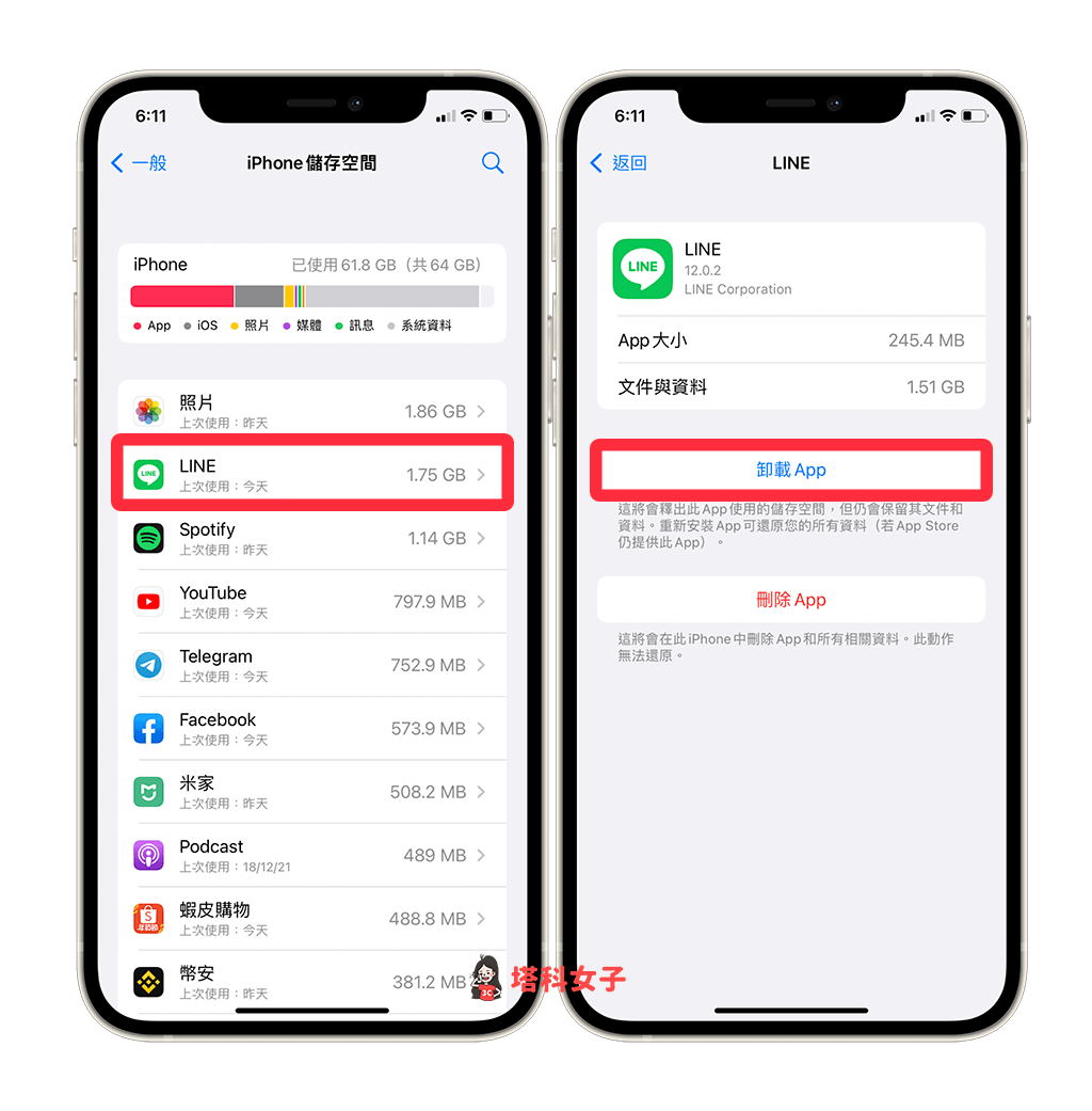 iOS LINE卸載：LINE > 卸載 App