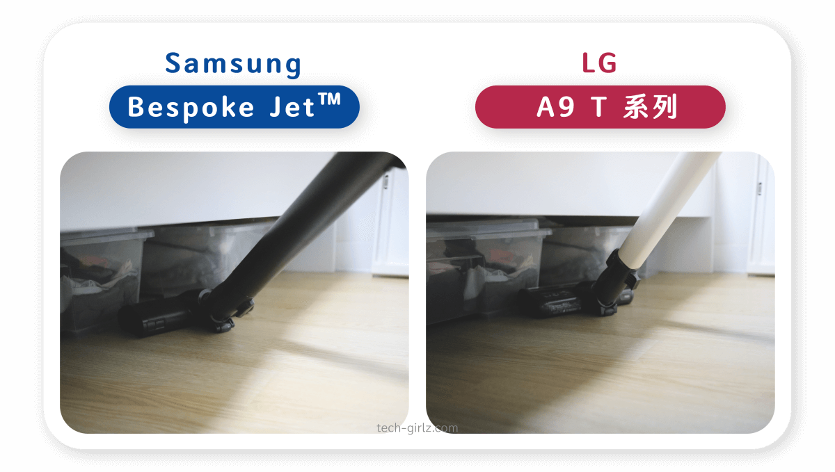 Samsung Bespoke Jet™ 與 LG A9 T系列比較：低角度