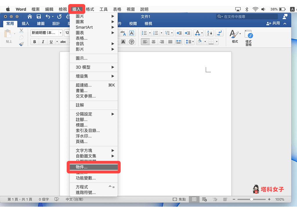 Word 插入 PDF 文件：插入 > 物件
