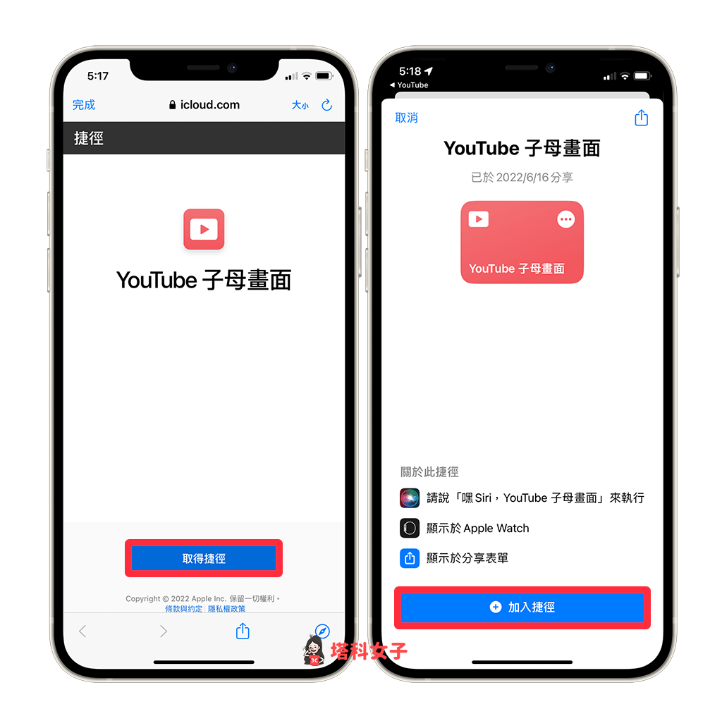 使用 YouTube 子母畫面捷徑（iOS 16、iOS15、iOS14）：取得捷徑