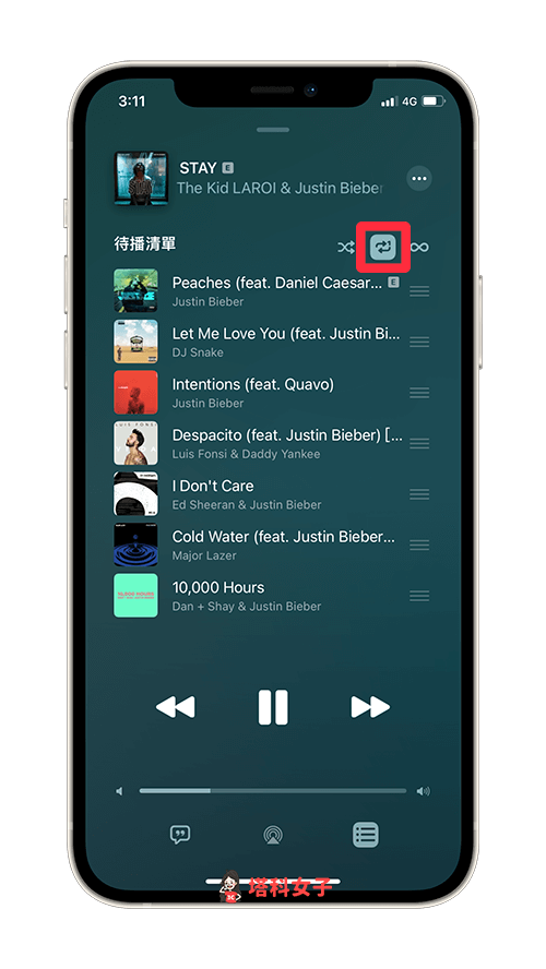 Apple Music 單曲循環：點選重複播放