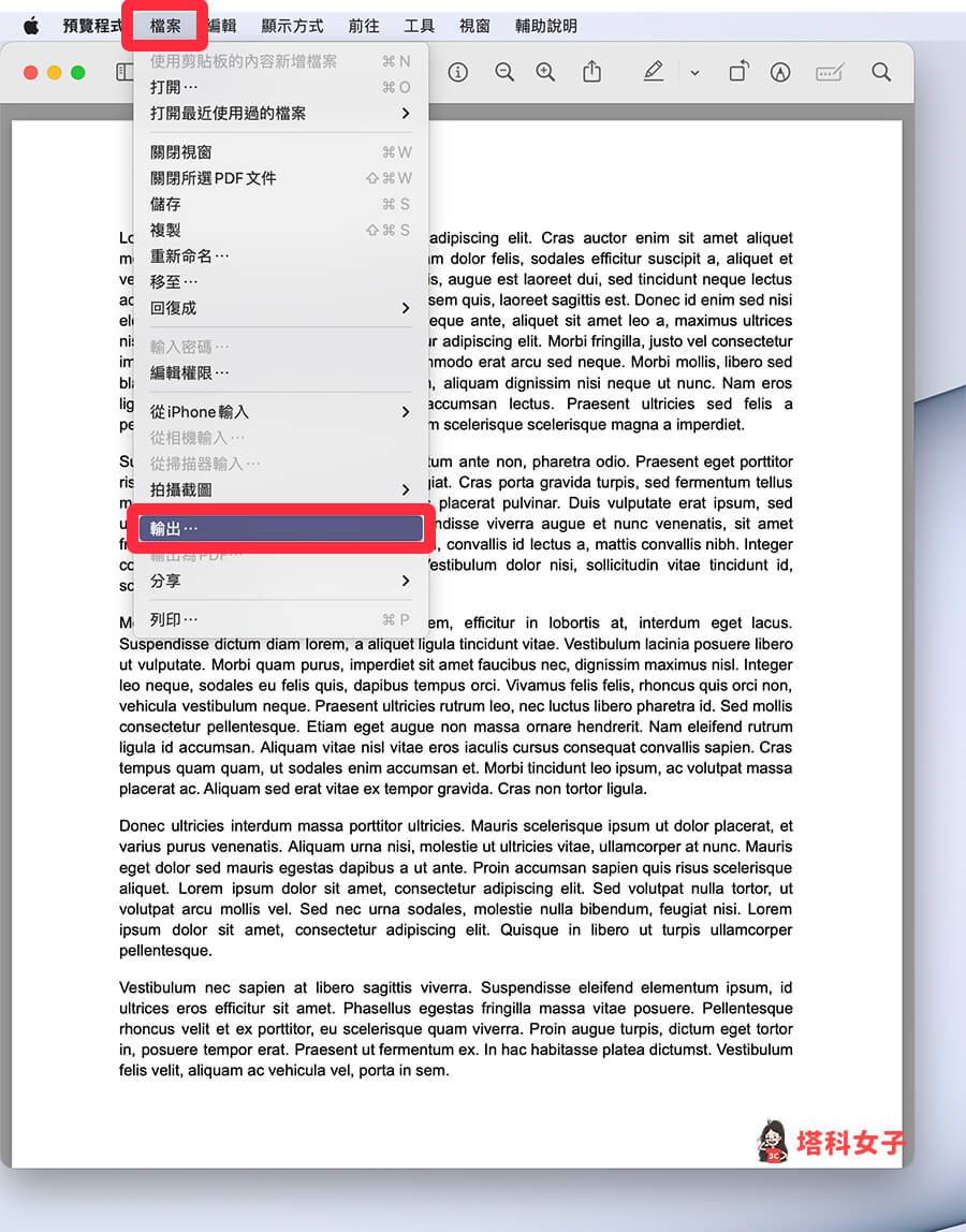 使用「預覽程式」在 Mac 壓縮 PDF：檔案 > 輸出