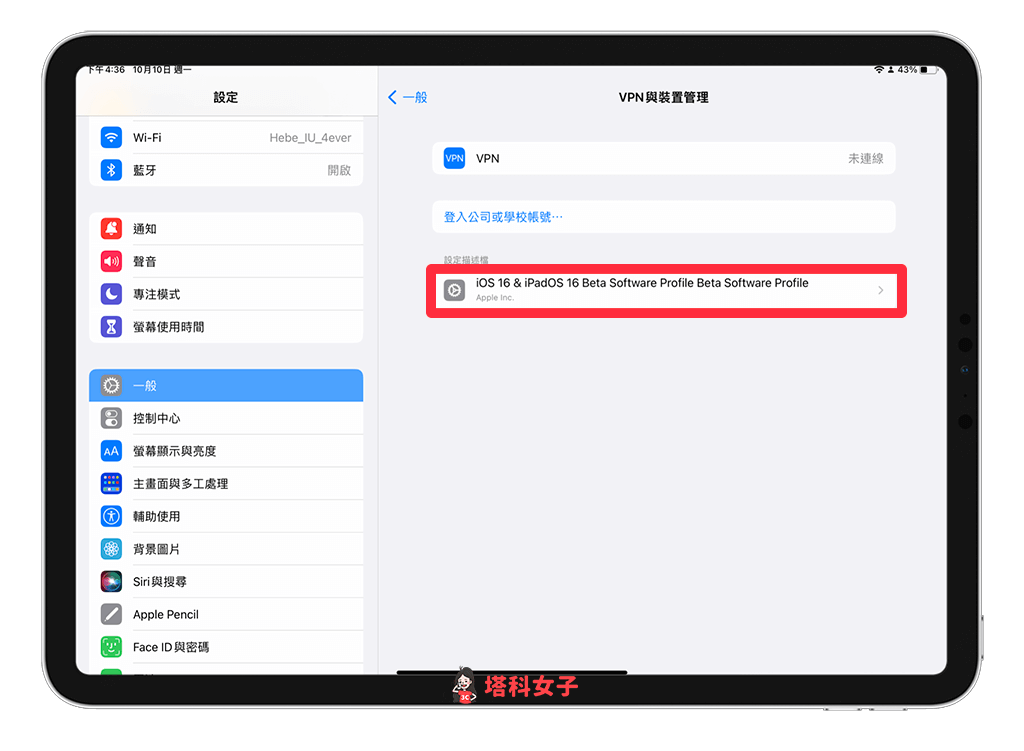 刪除 iPadOS 16 Beta Profile 描述檔：點進 iPadOS 16 Beta