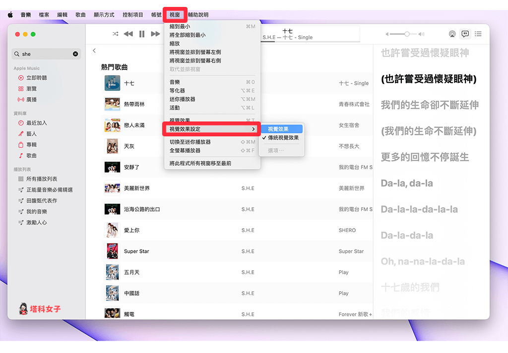 Apple Music 動態效果背景：視窗 > 視覺效果設定