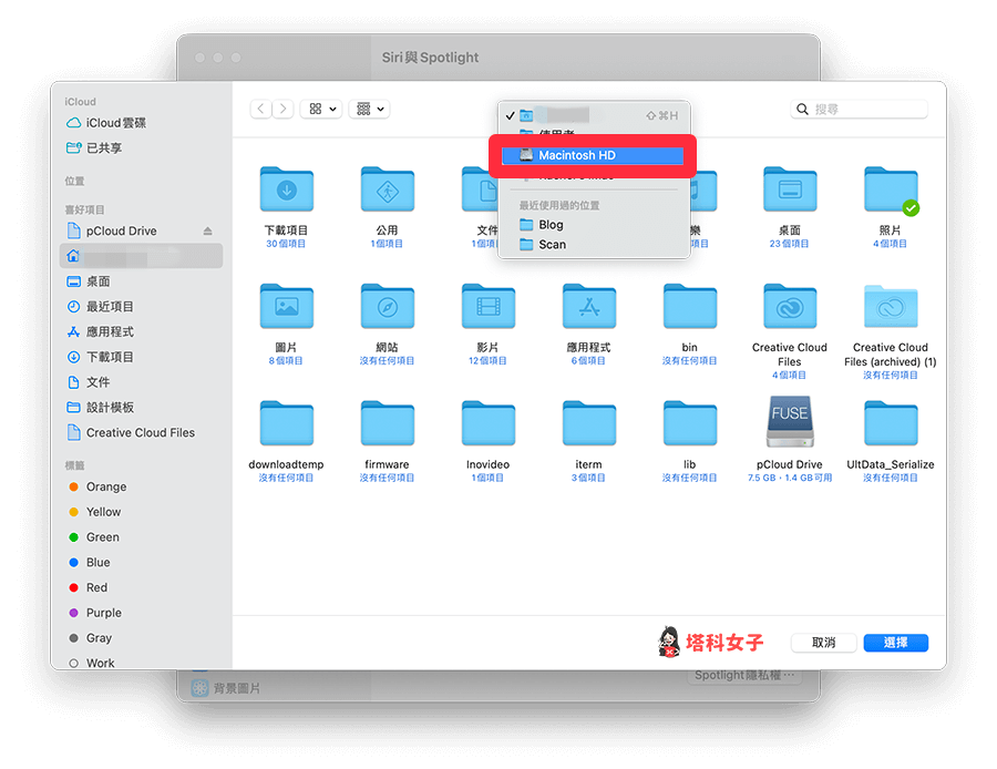 在 Mac 的 Spotlight 搜尋隱藏檔案：改成 Macintosh HD