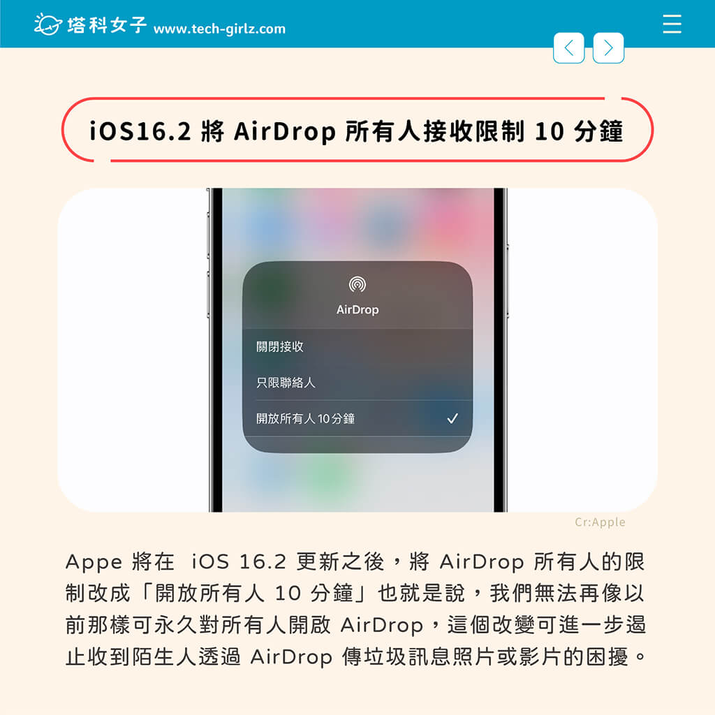 iOS16.2 將 AirDrop 所有人接收限制為 10 分鐘