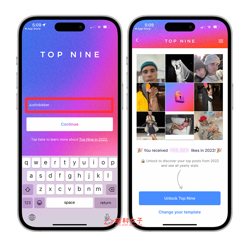 使用 Top Nine for Instagram 2022 App：輸入帳號