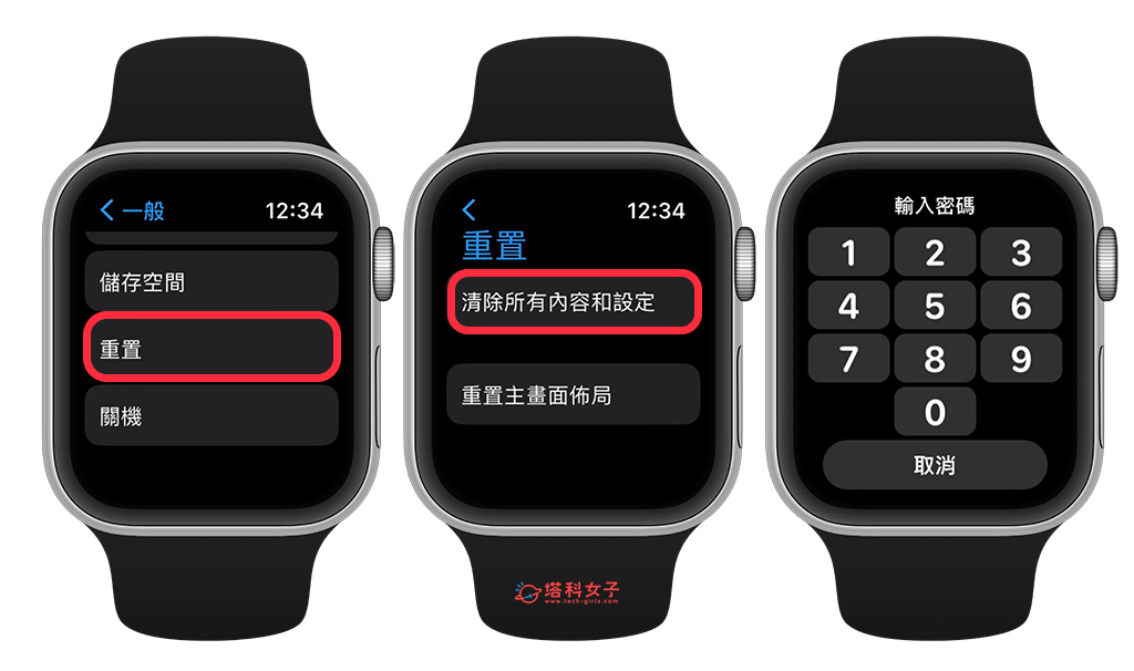 在 Apple Watch 解除配對：重置 > 清除所有內容 > 輸入密碼