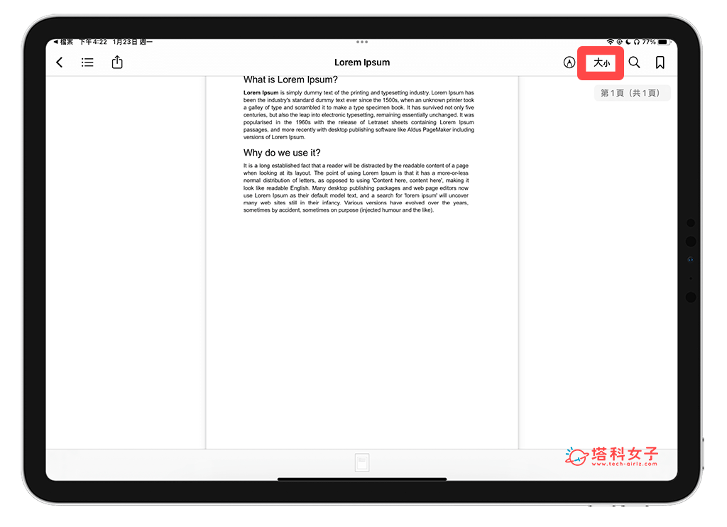 在 Apple Books 開啟 PDF 文件：在 PDF 點選「大小」