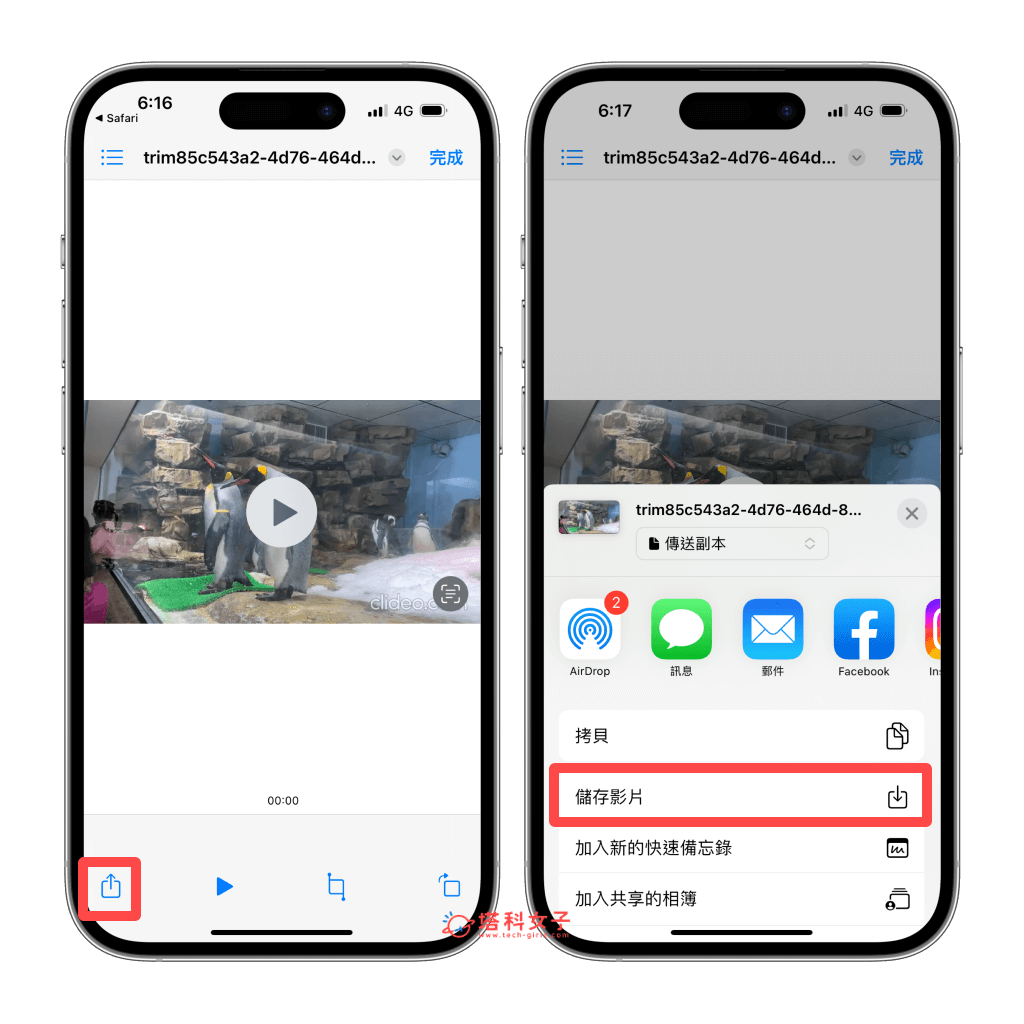 使用線上影片剪輯工具讓 iPhone 影片倒放：儲存影片