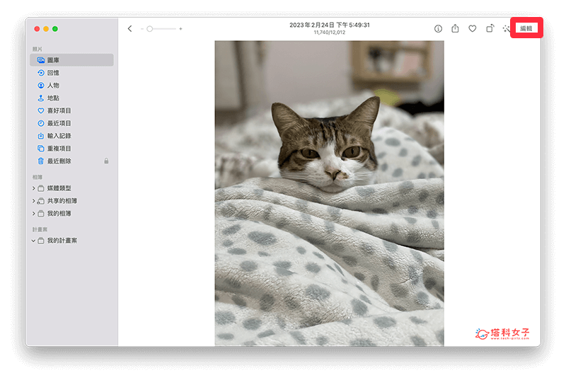 使用「照片」編輯工具為 Mac 裁切圖片：以照片 app 打開 > 編輯