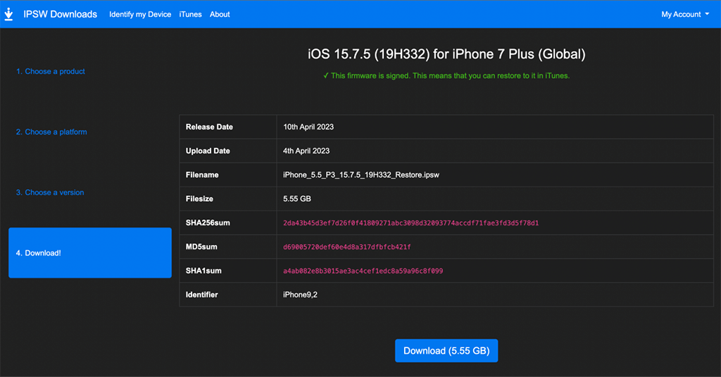 使用 iTunes下載 IPSW 檔案進行 iPhone 強制降級