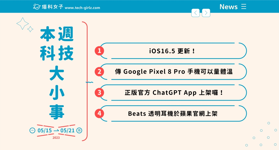本週科技大小事：iOS 16.5 更新、ChatGPT App 上架、Google Pixel 8 Pro 可以量體溫？