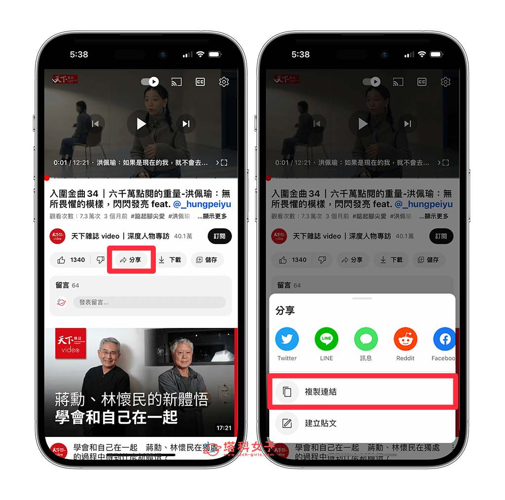 手機上讓 YouTube 倒讚顯示出來：分享 > 複製連結