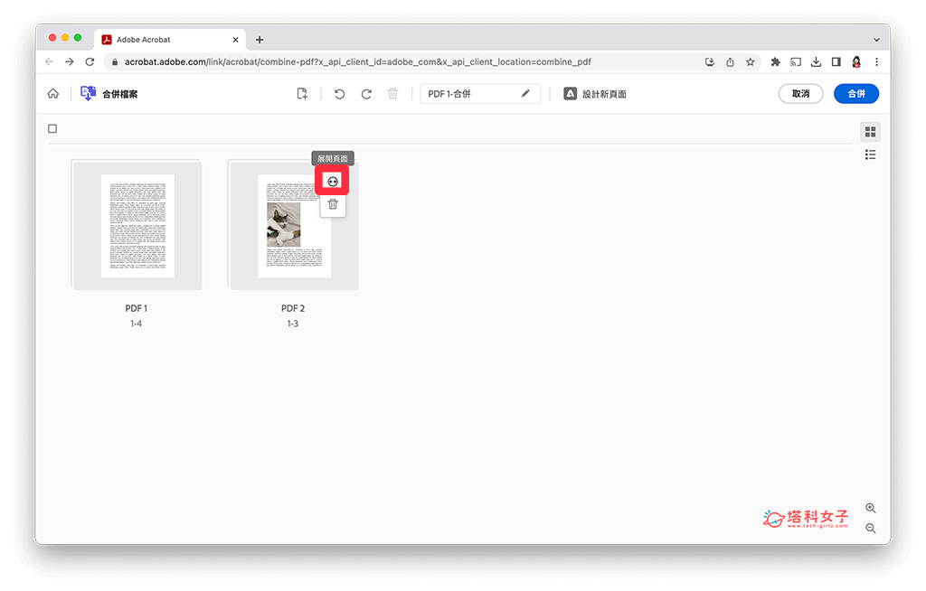 Mac 合併 PDF 文件（使用 Adobe 線上工具）：展開