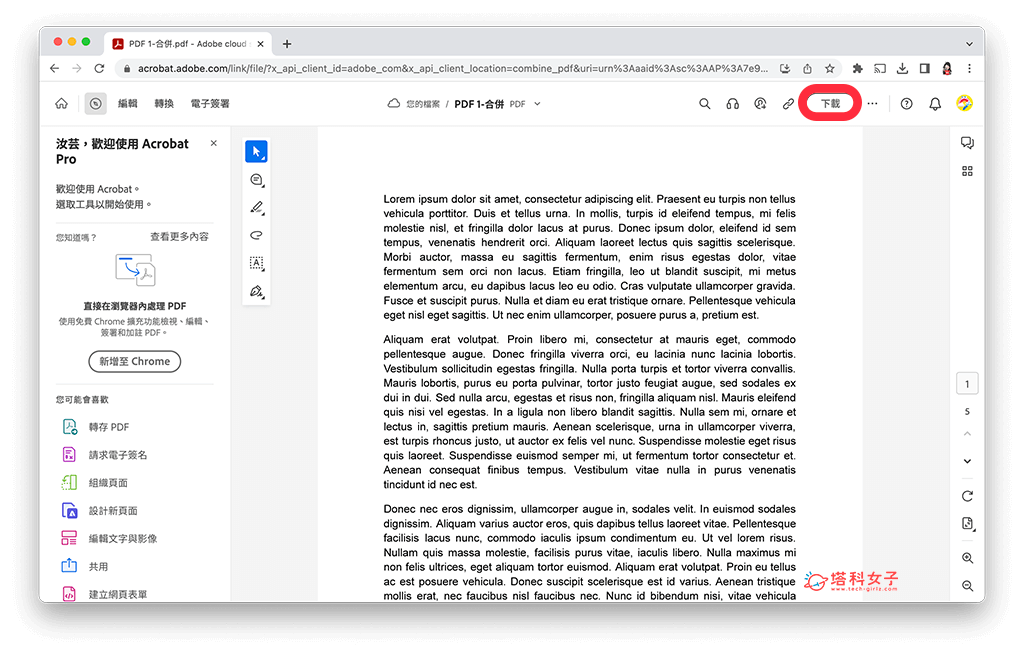 Mac 合併 PDF 文件（使用 Adobe 線上工具）：下載