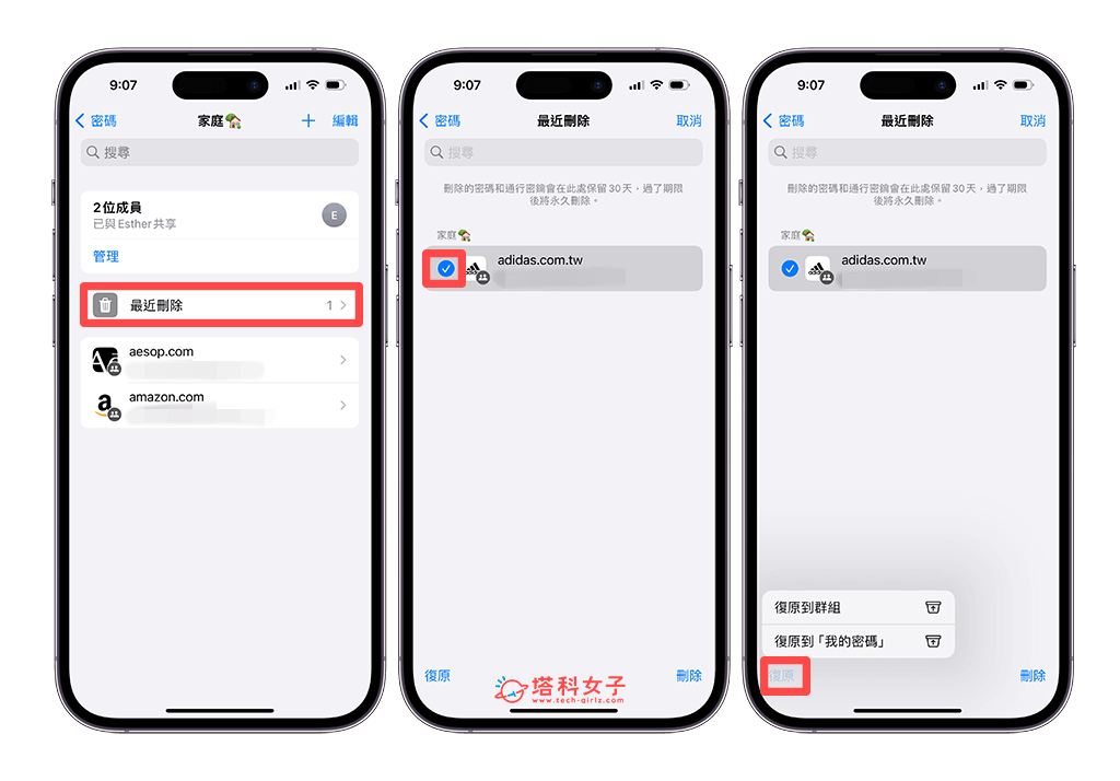 iOS17 復原已刪除的共享密碼：最近刪除 > 勾選密碼 > 復原
