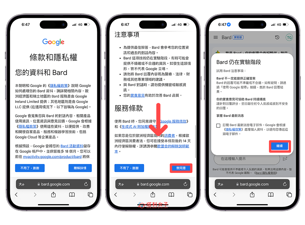 Google Bard 中文版（手機）：同意