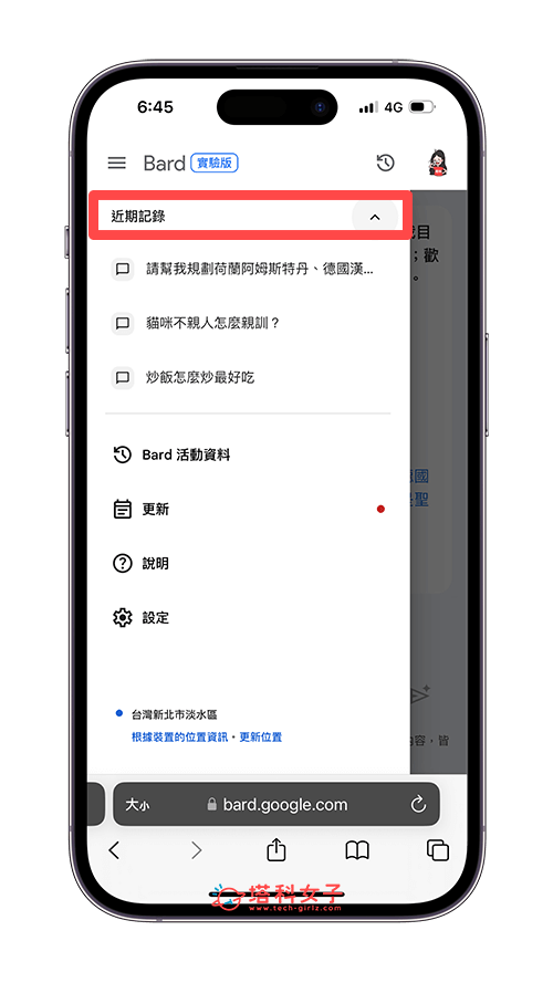 Google Bard 中文版（手機）：歷史紀錄