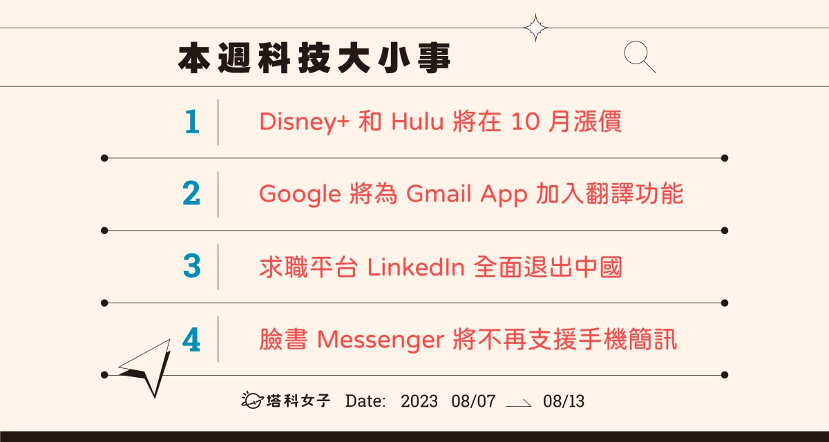 本週科技大小事：Disney+ 將漲價、Gmail 加入翻譯功能、 LinkedIn 退出中國