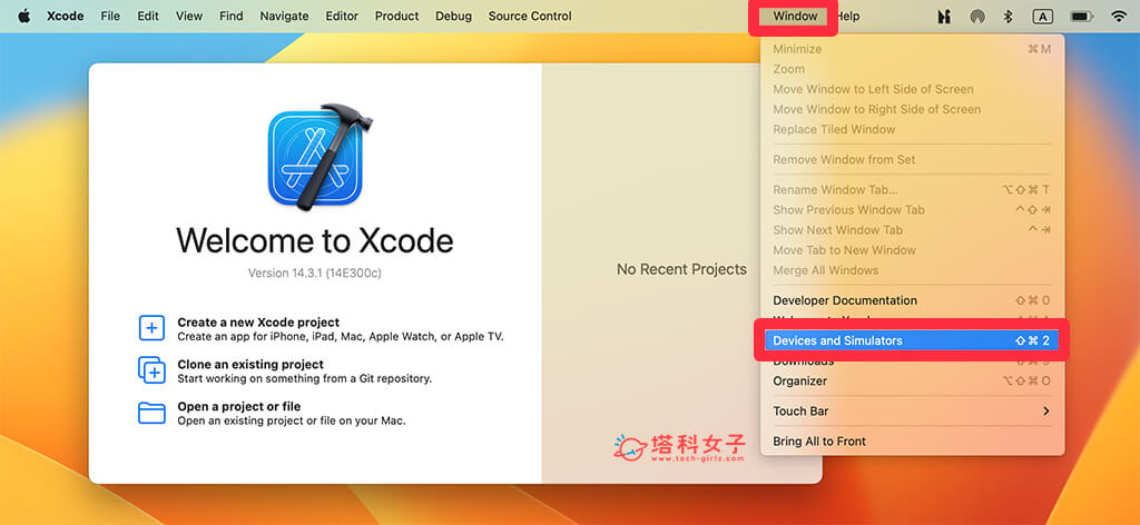 透過 XCode 開啟 iPhone 開發者模式：點 Windows > Devices and Simulators