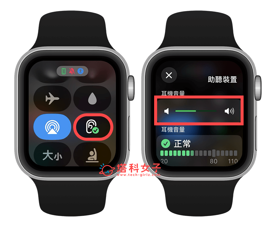 Apple Watch 調整耳機音量：控制中心 > 耳朵 > 耳機音量