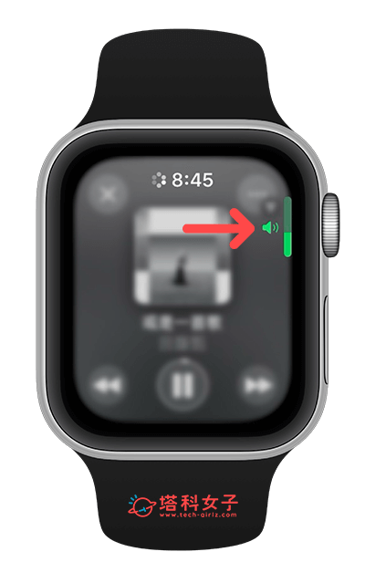 Apple Watch 調整音樂音量：轉動數位錶冠