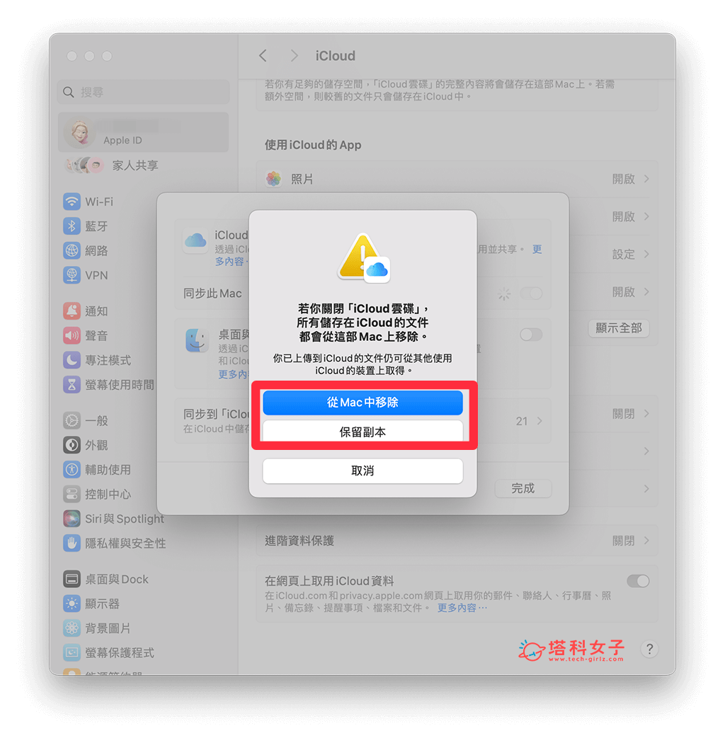 關閉 Mac 上的 iCloud 雲碟功能：選擇移除或保留副本