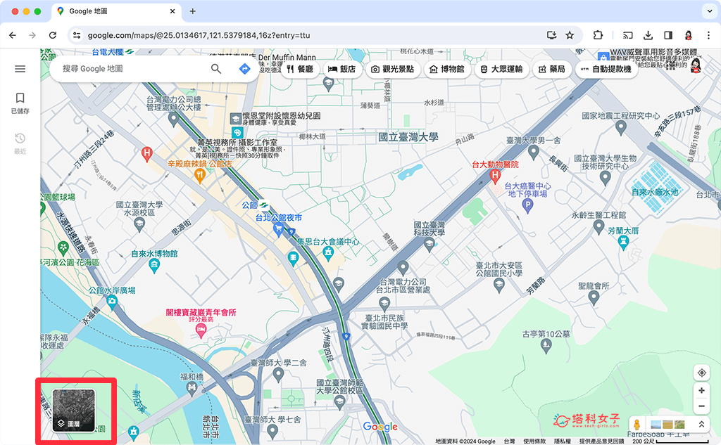 網頁版 Google Map 塞車路段：圖層