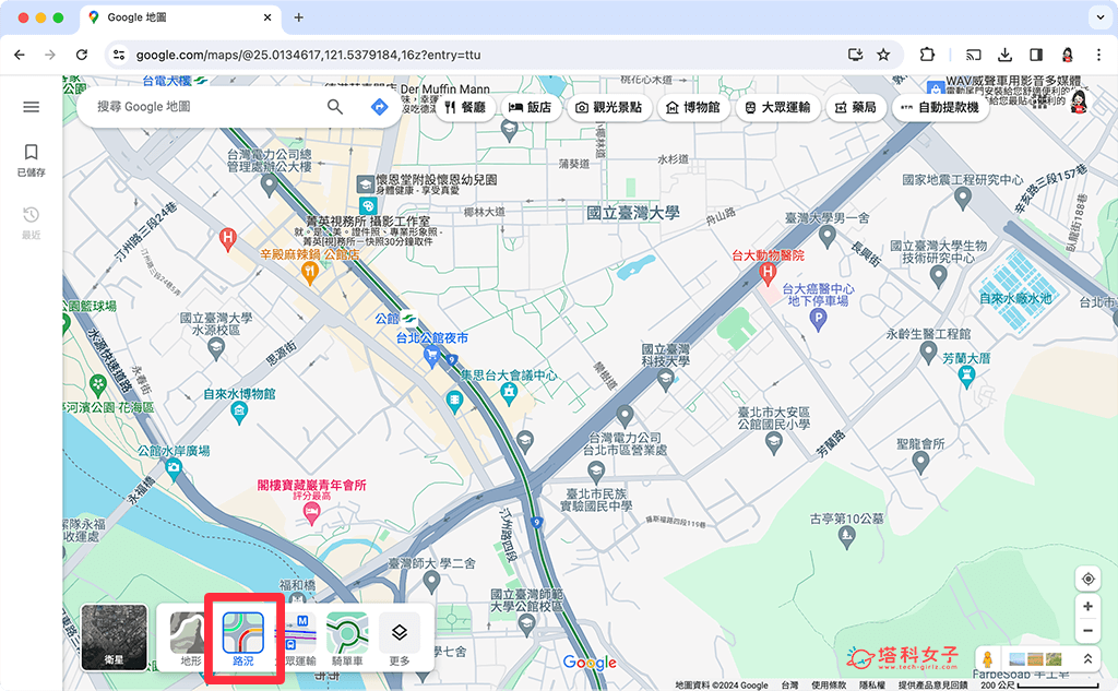 網頁版 Google Map 塞車路段：路況