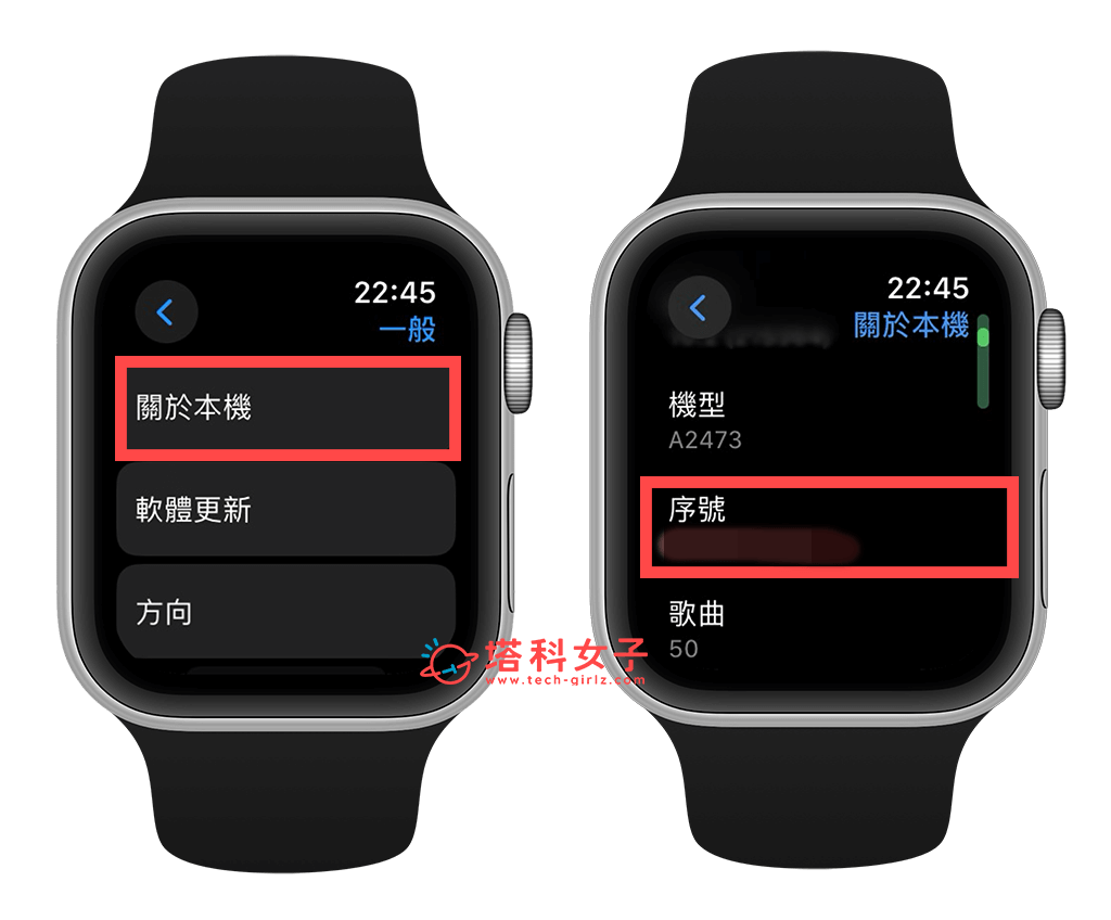 在 Apple Watch 查序號：關於本機 > 序號