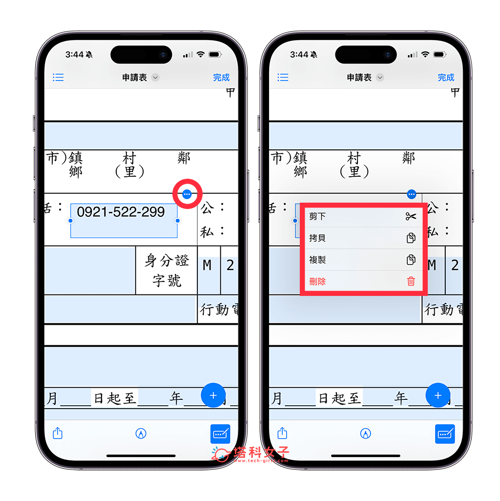 在 iPhone PDF 填寫表格：移動方塊位置或刪除